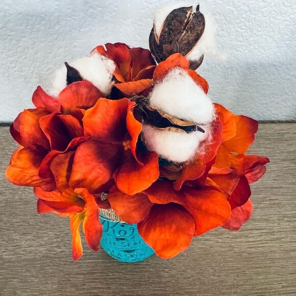Fall Farmhouse Turquoise Mason Jar Vase Hydrangea Cotton Floral Arrangement - Picture 2 of 4